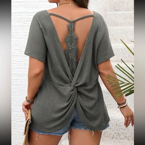 Sexy Plus Size Relaxed Fit Sheet Floral Lace Open Back Top Blouse Shirt Blue - Picture 9 of 12